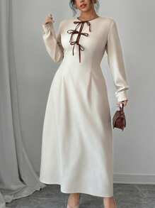 Elenzga Damen Große Größen lässiges einfarbiges Kleid mit kontrastfarbiger Schleife an der Taille und ausgestelltem Rock, geeignet für den Arbeitsweg, Lässig & Urlaub, Frühling & Herbst Maxikleid - Aprikosenfarben - Übersicht 3