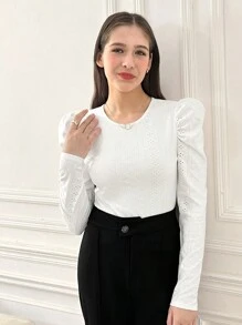 SHEIN Leap Crew Teen Girls' White Elegant Gigot Sleeve Round Neck Palace Style Jacquard Long Sleeve T-Shirt - White - View 4