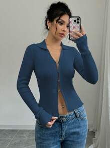 Elenzga Casual Solid Color Lapel Split Hem Fitted Cardigan, Autumn