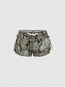 ROMWE Y2K Style Low Waist Ultra Short Drawstring Camouflage Five-Pointed Star & Letter Print Women Shorts