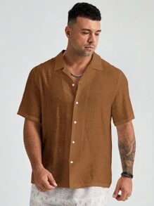 Mainfolk Plus Size Plain Button Front Casual Woven Short Sleeve Shirt - Brown - View 3