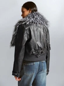 Aveloria Affinna Retro American Ins Style Chic Street Fashion Detachable Furry Chest PU Cropped Jacket Faux Leather Aviator Jacket With Borg Lining Holiday Party Clothes  Fall Cloth For Women - Dark Grey - View 3