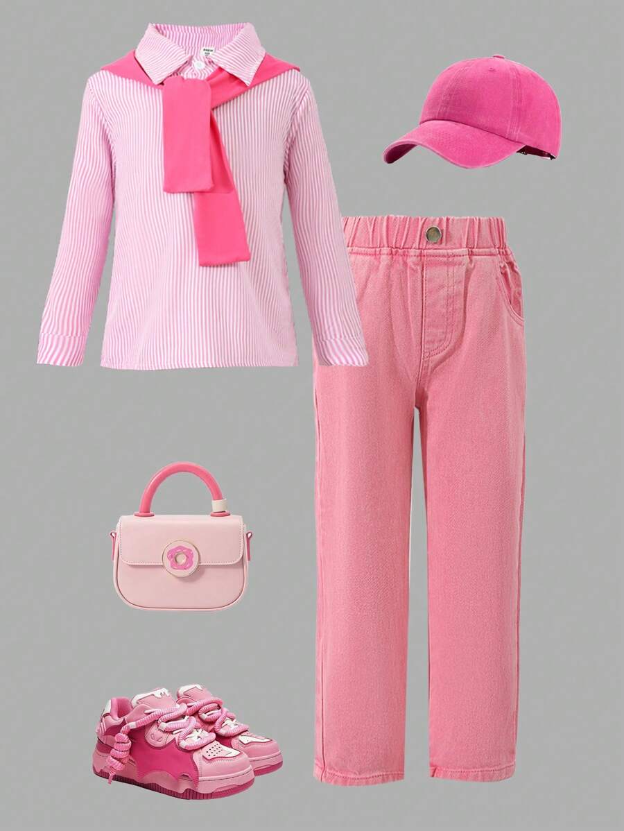 年轻女孩早午餐装，紫红色条纹休闲衬衫搭配紫红色时尚水洗直筒牛仔裤两件套，2024 年秋冬新品