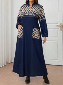 Mulvari Plus Size Autumn Casual Geometric Print Long Dress