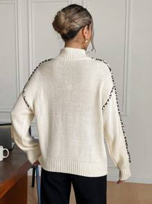 SHEIN Frenchy Women Solid Colour Color Block With Leopard Print Trim Trim Stand Collar Long Sleeve Warm Brushed Pullover Sweaters, Autumn/Winter New Arrival,Commute Daily Wear,Ins Blogger Outfits Minimalist,Suitable For Spring, Winter And Autumn