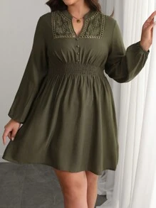 SHEIN LUNE Plus Size Women's Spring & Autumn Solid Color Casual Vacation To Work V-Neck Decorative Button Waist A-Line Embroidered Short Dress - Army Green - View 5