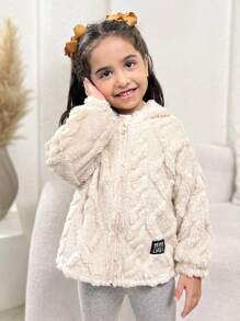 SHEIN Young Girl Fall/Winter Clothes  Young Girl Knitted Solid Color Fluffy Letter Embroidery Hooded Loose Flannelette Warm Casual Jacket,Autumn/Winter,Great For Casual & Daily Wear & School .