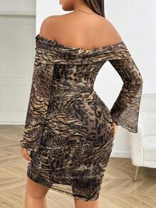 SHEIN EZwear Plus Size Leopard Print Off Shoulder Ruffle Sexy Long Sleeve Dress - Multicolor - View 2