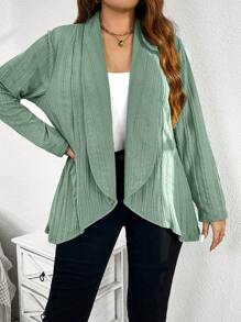 SHEIN Essnce Women Plus Size Open Front Textured Fabric Green Coat - Green - View 6