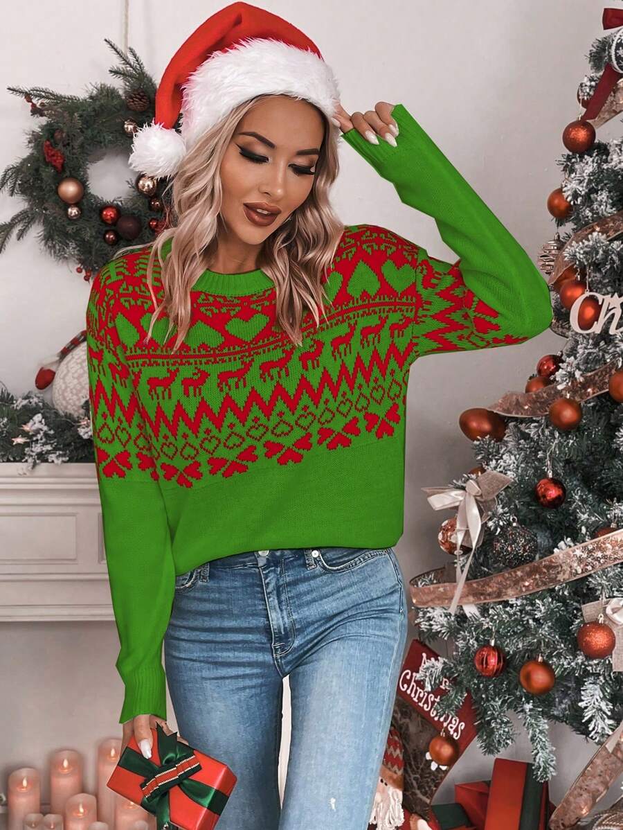 SHEIN Unity Casual Christmas Reindeer Geometric Pattern Sweater, Autumn/Winter Knit Pullover Fall - Multicolor - View 1
