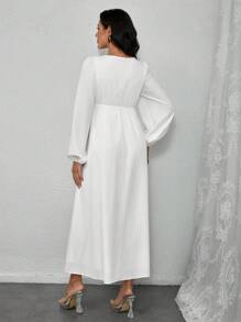 INAWLY Women's Solid V-Neck Twist Flared Sleeve Fish Tail Hem Elegant Dress - White - View 2