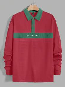 Mainfolk Kemeja Polo Pria Kasual dengan Motif Huruf Blok Warna, Musim Gugur - Merah - View 1
