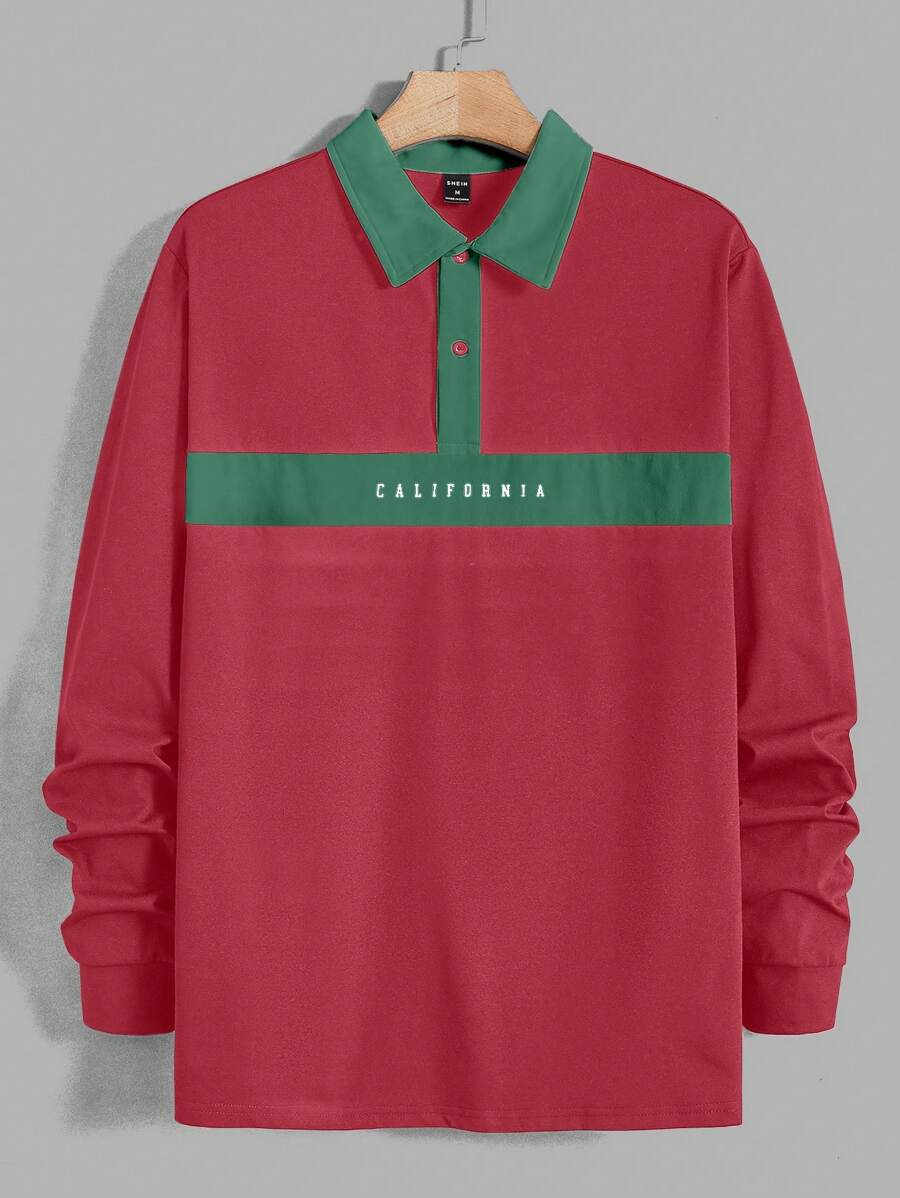 Mainfolk Kemeja Polo Pria Kasual dengan Motif Huruf Blok Warna, Musim Gugur - Merah - View 1