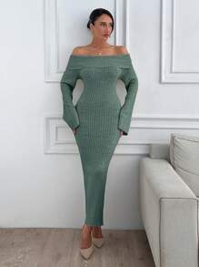 EURMUSE Elegant Solid Color Off Shoulder Fitted Long Sweater Dress, Autumn/Winter - Mint Green - View 6
