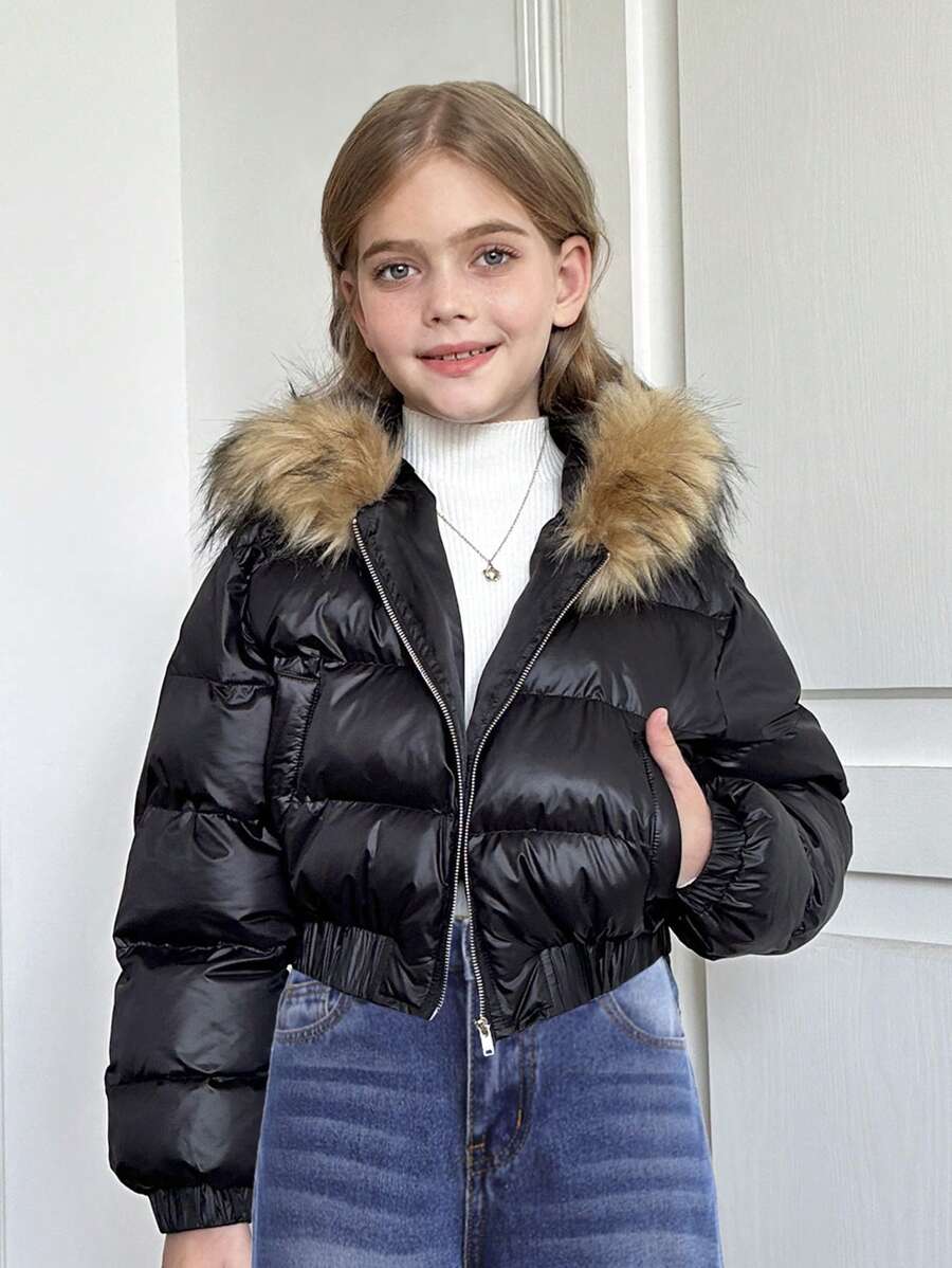 SHEIN Tween Girls 纯黑色冬季拼布蓬松连帽短款黑色棉服外套,秋冬思考者 - 黑色 - 查看 1