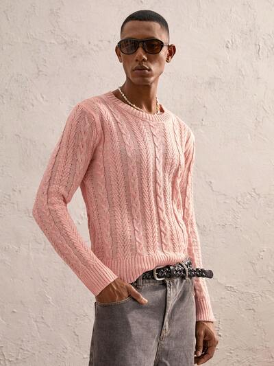 Men's Slim Fit Pink Cable Knit Sequin Cardigan, Casual Autumn/Winter Party Wear