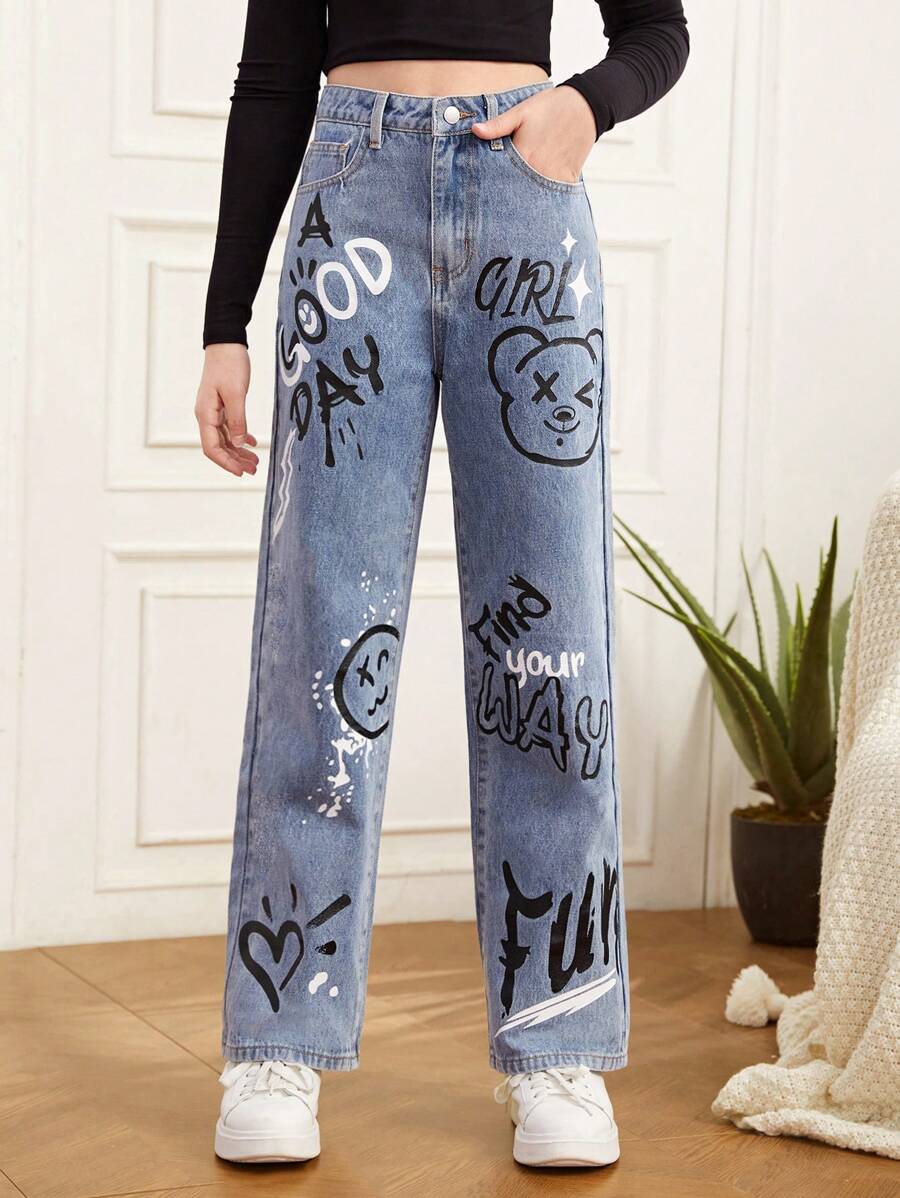 SHEIN Teen Girls Cartoon & Letter Graphic Jeans - Medium Wash - View 1