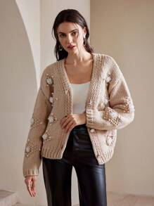 Anewsta V-Neck Long Sleeve Cardigan With 3D Pearl & Floral Decor, Elegant Knit Cardigan, Women For New Year - Khaki - View 5