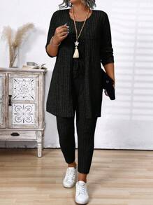Plus Size Drawstring Waist Fitted Top Jacket & Pants Set Fall Cloth For Women - Black - View 4