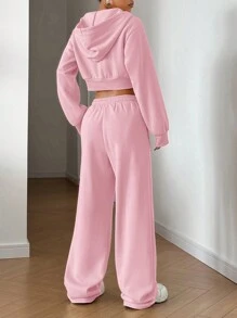 SHEIN EZwear Conjunto de 2 piezas para mujer con chaqueta con capucha y cremallera y pantalones con bolsillo de cordón - Rosa - Ver 2