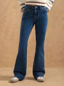 Forever 21 Pantalon en jean évasé stretch de couleur unie, polyvalent et décontracté