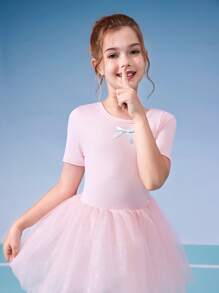 SHEIN Tween 女童优雅校园芭蕾舞粉色可爱亮片薄纱网眼裙芭蕾短裙，运动服 - 粉色 - 查看 3