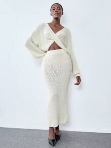 Chiquease Apricot Crossed Front Tank Top Paired With Loose Long Skirt - Apricot - View 5