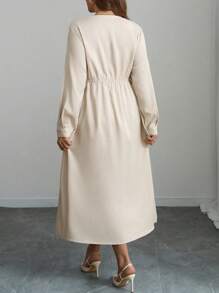 Elenzga Damen Große Größen lässiges einfarbiges Kleid mit kontrastfarbiger Schleife an der Taille und ausgestelltem Rock, geeignet für den Arbeitsweg, Lässig & Urlaub, Frühling & Herbst Maxikleid - Aprikosenfarben - Übersicht 2