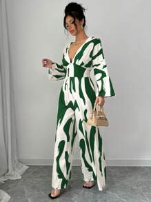 Calvaya Combinaison pour femme à imprimé noir et blanc asymétrique froncée, combinaison pour femme à taille haute et jambes larges, combinaison décontractée ample pour les femmes de tous les jours