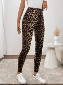 SHEIN LUNE 2024 New Brown Leopard Print Petite Women's Fashion Biker Style Leggings  Leopard Print