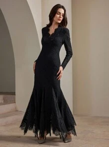 Anewsta Layered Lace V-Neck Long Sleeve Slim Fit Dress Maxi Women Outfit - Black - View 4