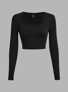 SHEIN EZwear 3 chiếc áo thun dài tay ôm sát cổ chữ U giản dị màu đen, nâu, trắng, thích hợp cho mùa xuân, thu, đông - Nhiều màu - Xem 10