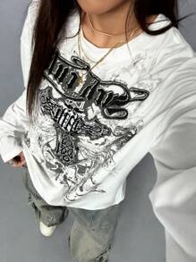 StreetHx 女式哥特印花宽松休闲暗黑街头风格圆领薄款长袖T恤，秋冬图案T恤女式春季上衣 - 白色 - 查看 5