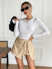 SHEIN Frenchy 女士纯色腰系带开衩下摆休闲迷你裙 - 杏色 - 查看 6