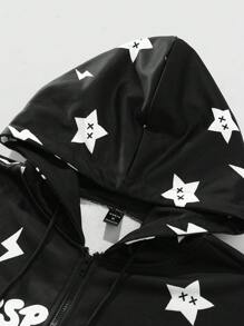 Manfinity EMRG Sudadera con capucha informal de hombre con estampado de estrella y cremallera, ropa de calle de otoño, sudadera con capucha gráfica de manga larga con cremallera en color negro, para regalos a amigos, esposo, novio