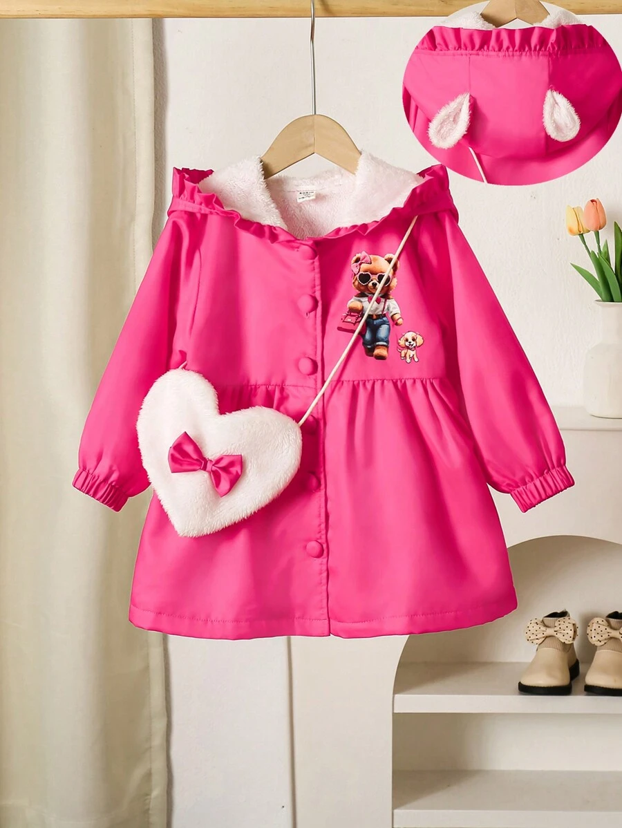 SHEIN Girls' Winter Warm Hooded Jacket,Thickened Long With Frill Edging,Cute Bear Print,Heart-Shaped Backpack,Career Day,Suitable For Daily Wear - Hot Pink - View 1
