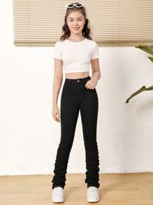 SHEIN Vaqueros Apilados De Color Liso Para Chica Adolescente