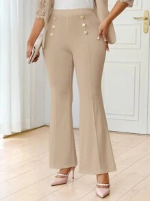 Fleurora Autumn And Winter Fall Clothes Elegant Women White Women Pants Women's Solid Color Metal Button Decoration Elegant Ankle-Length Pants Fall Women Outfits - Khaki - View 3