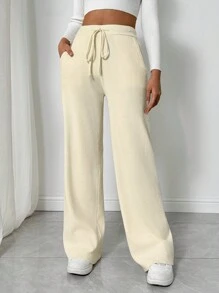 SHEIN Privé 新款秋冬简约优雅居家休闲杏色抽绳口袋阔腿针织裤，宽松针织阔腿裤 - 米色 - 查看 5