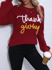 SHEIN LUNE Women's Letter Pattern Crew Neck Drop Shoulder Long Sleeve Knit Sweater, Autumn/Winter For New Year Knit Pullover Fall - Red - View 5