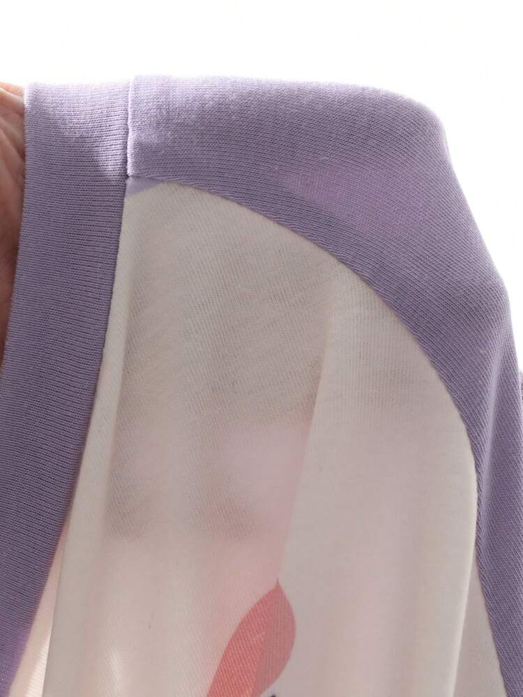 Bow & Letter Print Patchwork Loose Nightgown With Raglan Sleeve Pajama Fall,Winter