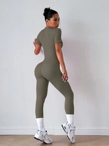 Slayoga Women's Solid Color Front Zipper Short Sleeve Casual Sport Jumpsuit