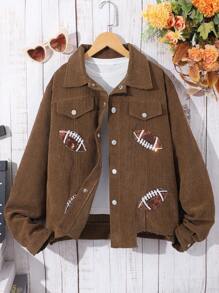 Teen Girls Printed Corduroy Varsity Casual Loose Jacket, Lively And For Autumn - Brown - View 1