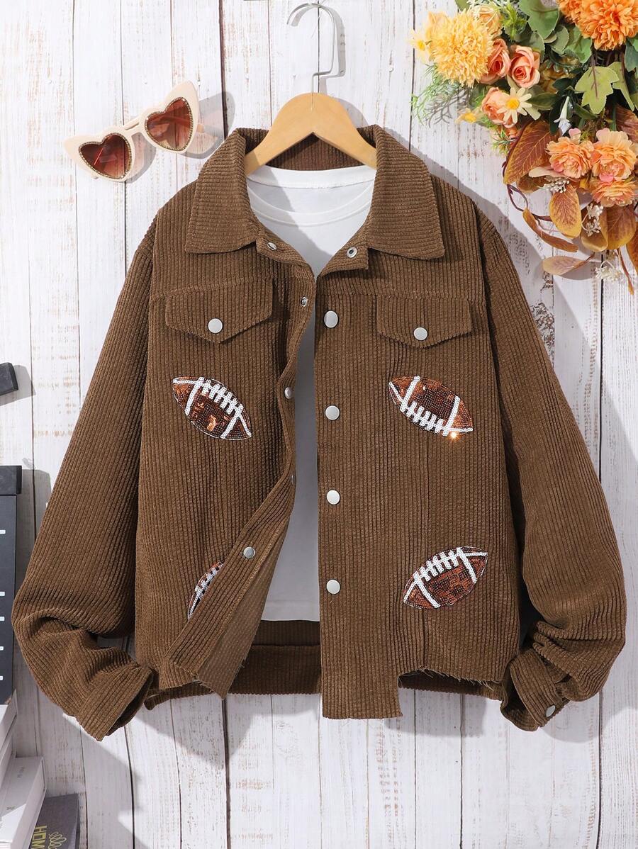 Teen Girls Printed Corduroy Varsity Casual Loose Jacket, Lively And For Autumn - Brown - View 1