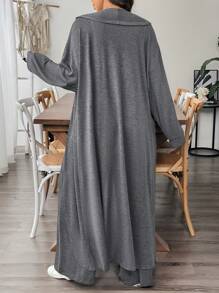 SHEIN LUNE 2 pièces Ensemble assorti casual pour femmes grandes tailles, veste cardigan à manches longues et ouverture devant et pantalon avec ceinture à la taille, automne - Gris foncé - Voir 2