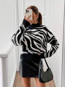 EURMUSE Women Animal Pattern Hairy Yarn Mock Neck Pullover - Black and White - View 1