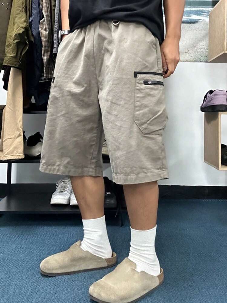 Men's Basic Khaki Color Pocket Decor Shorts