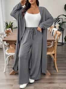 SHEIN LUNE 2 pièces Ensemble assorti casual pour femmes grandes tailles, veste cardigan à manches longues et ouverture devant et pantalon avec ceinture à la taille, automne - Gris foncé - Voir 1