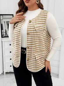 Flirla Plus Size Women Houndstooth Multi Pocket Open Front Gilet Vest, Autumn/Winter - Khaki - View 6