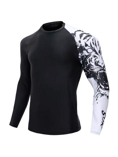 Manfinity KASUA Men's Animal Print Rash Guard Long Sleeve Surf T-Shirt,Hawaiian